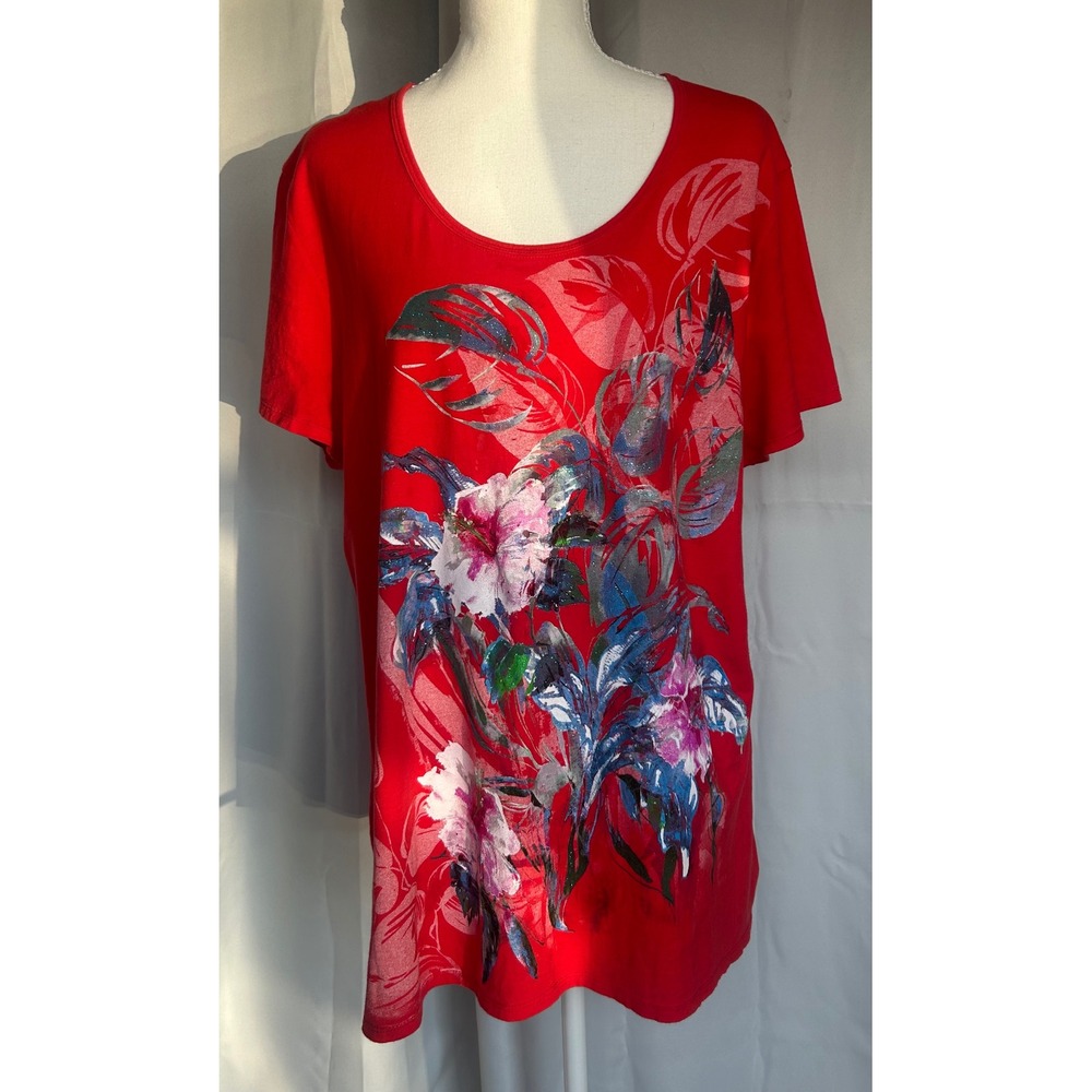 Just My Size Red Floral Graphic Tee 2X Short Sleeve Hibiscus Glitter Top. A100